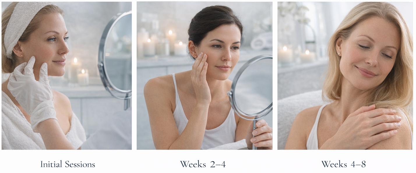 A calm, modern treatment room with soft lighting and natural textures.