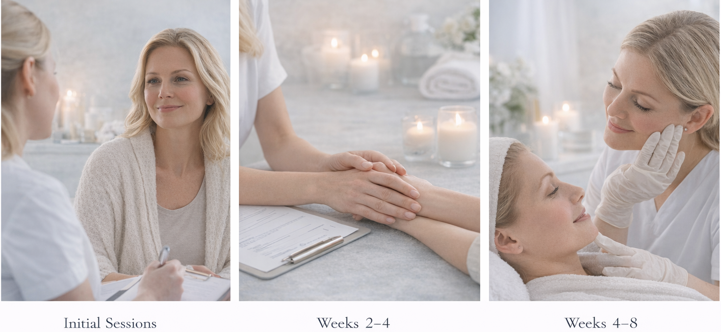 A calm, modern treatment room with soft lighting and natural textures.